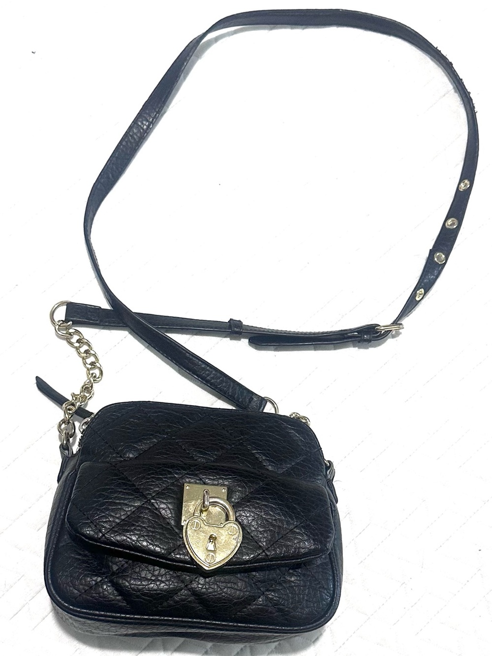 Juicy Couture Black Leather Double Top Zip Crossbody with Gold Heart Lock